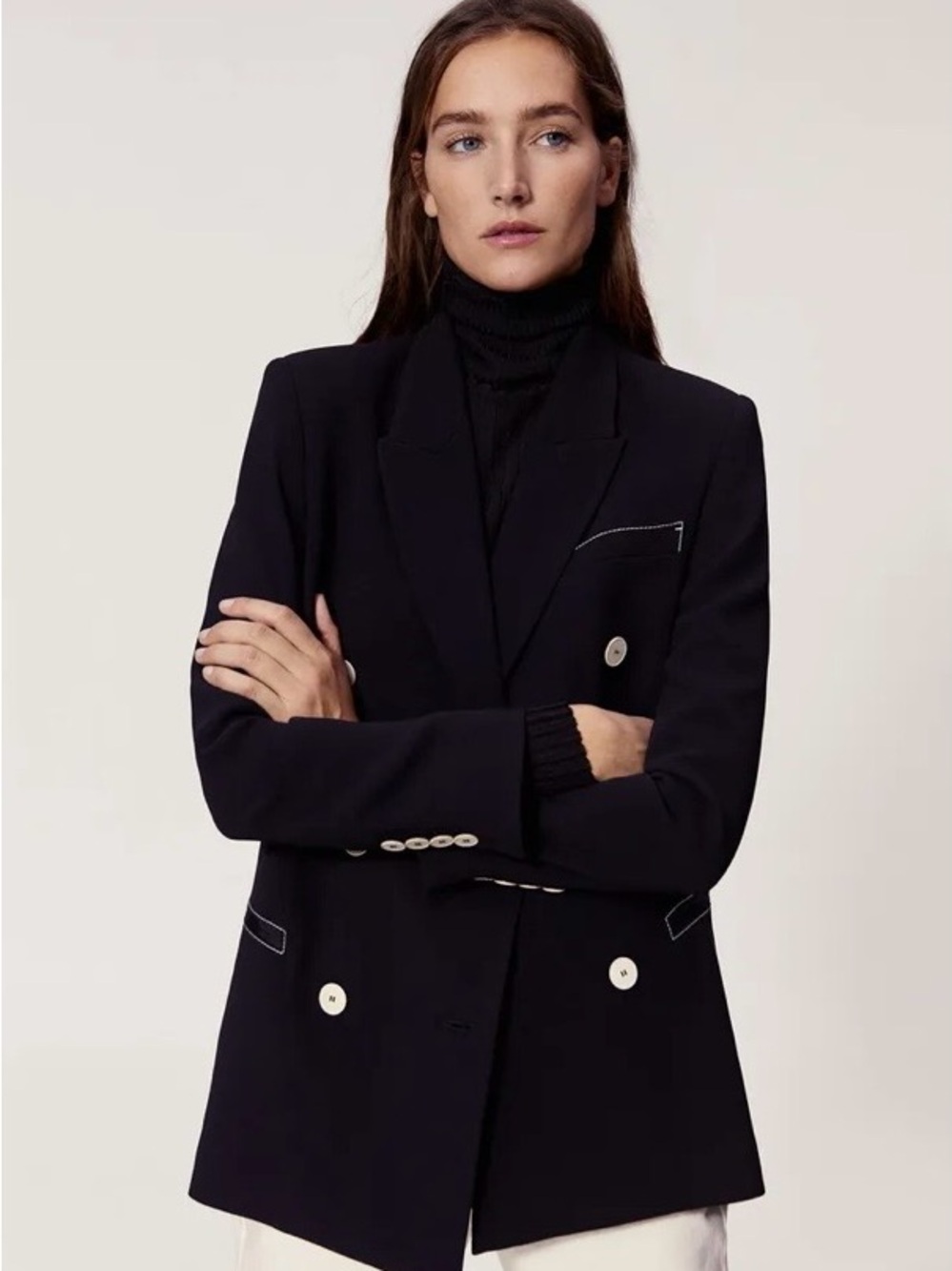 Mango Black Double-Breasted Blazer with Contrast Buttons Size M